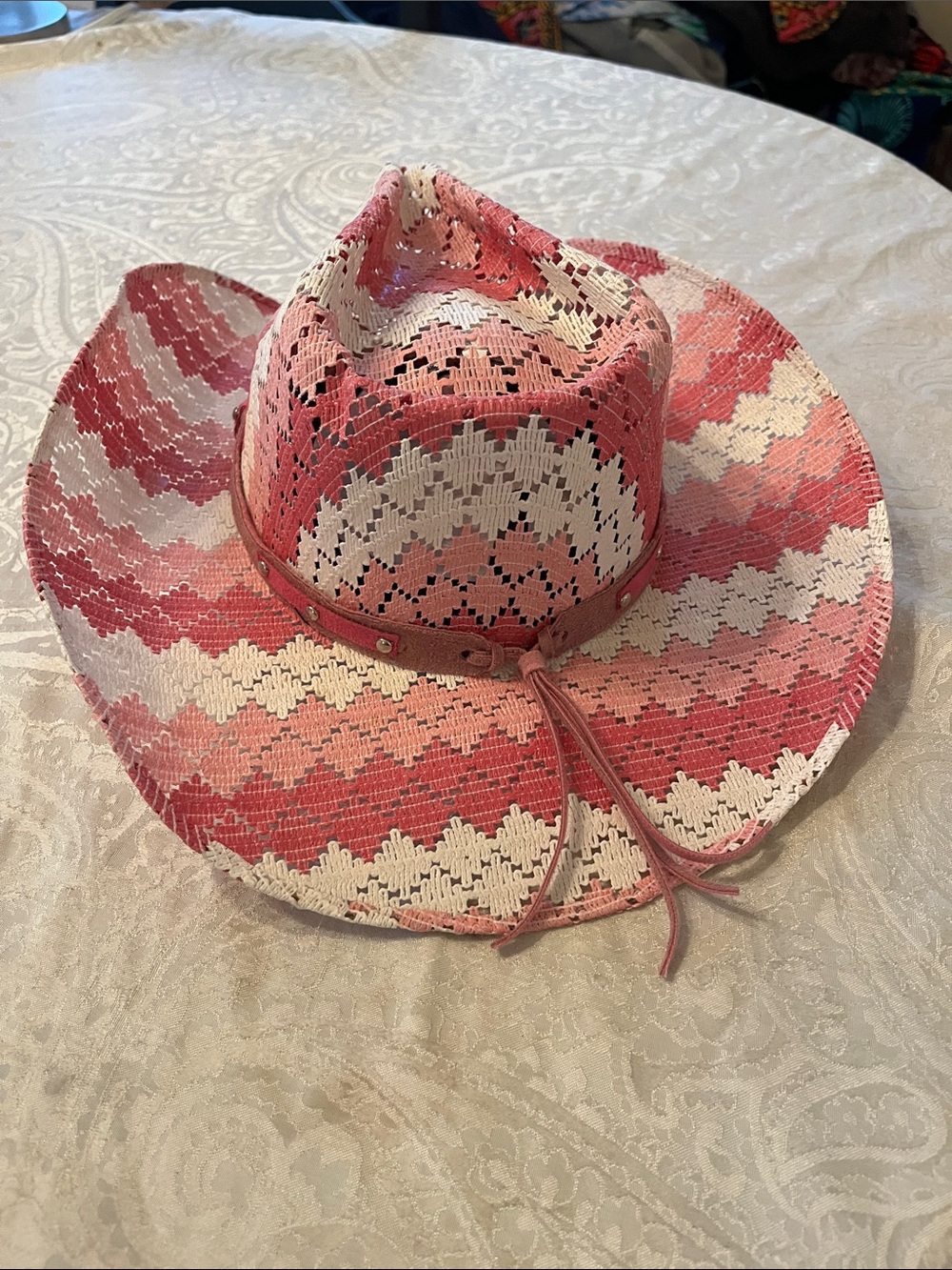 Bullnose Teenage Dream Girls Pink Chevron Straw Cowboy Hat Western EUC